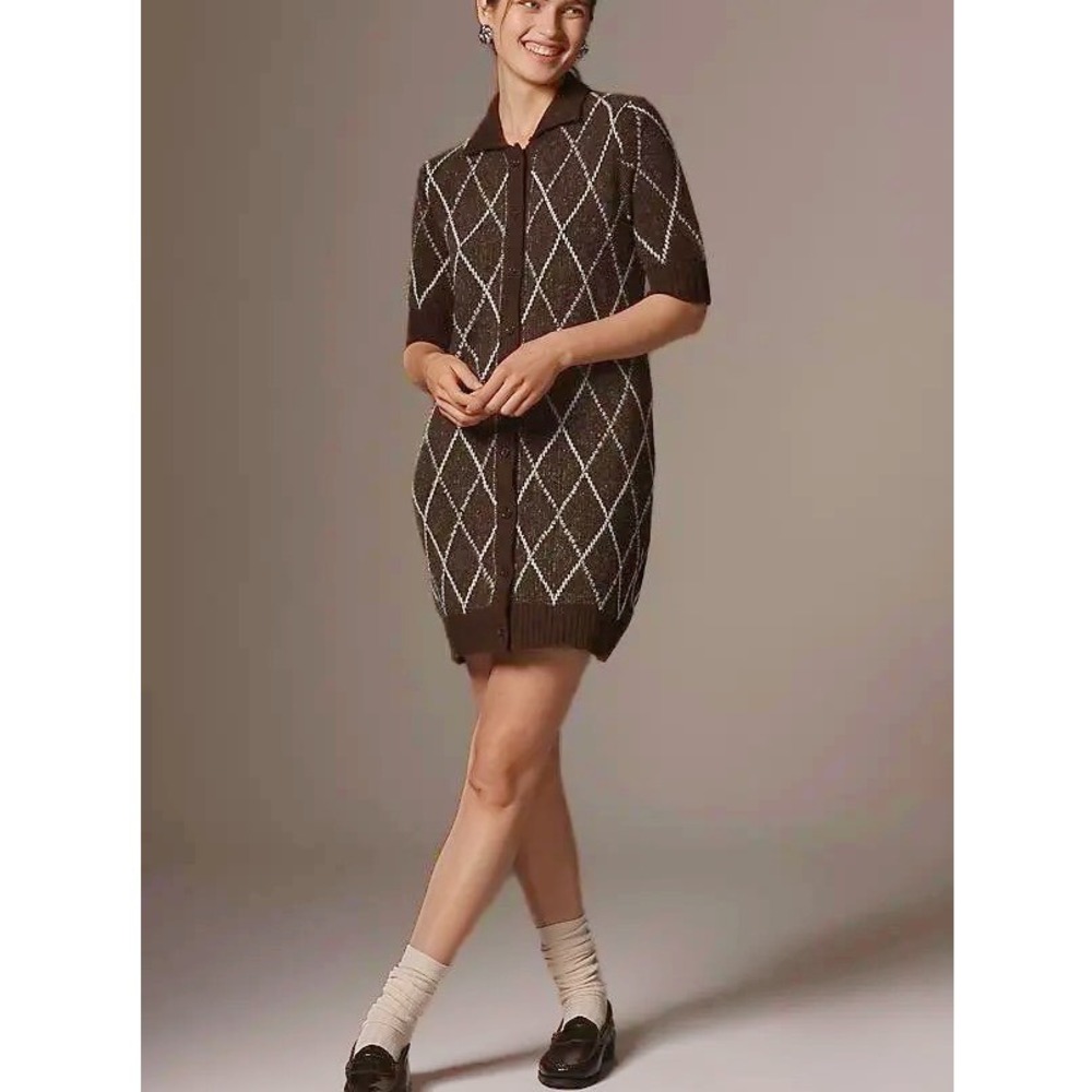 Anthropologie Short Sleeve Argyle Brown Rhinestone Sweater Dress Women's Size XS